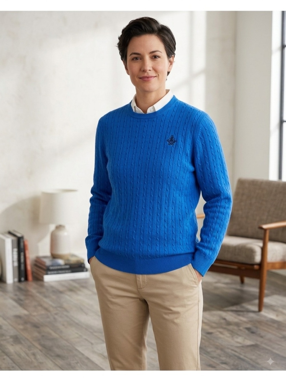Kate Lord Cotton Cashmere Cable Knit Sweater Womens L Royal Blue Crewneck Golf
